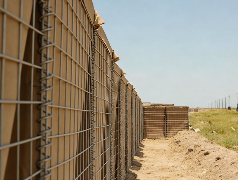 Gabion Fence Installed in Desert Terrain for Security.