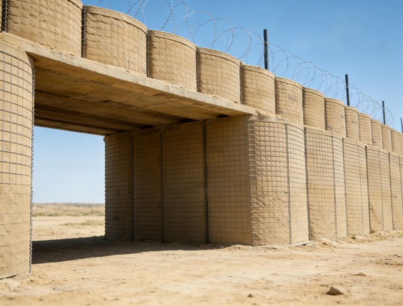 Military gabion mesh forms a barrier with an entryway and barbed wire.
