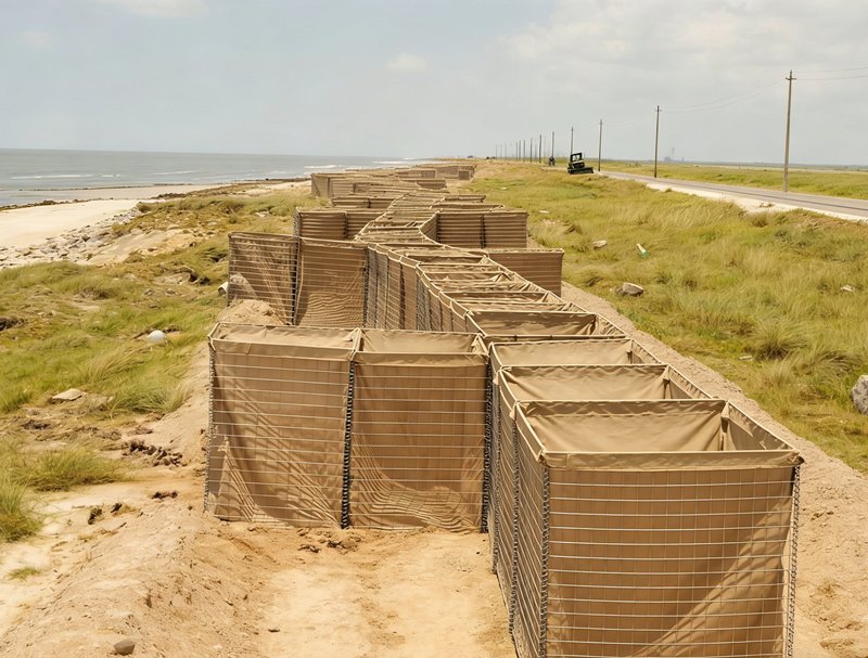 Gabion Mesh Being Filled With Sand for Battlefield Defense.