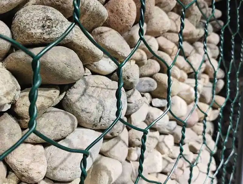 PVC Coated Gabion Wall Basket 60mm x 80mm mesh, 3.0mm wire, used for retaining and noise barrier walls.