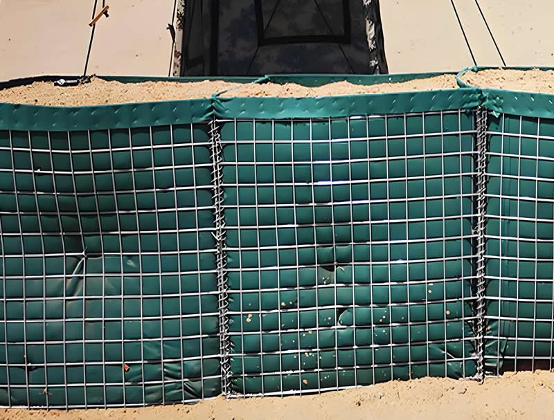 Heavy-duty welded mesh gabions for military blast walls and barriers. 